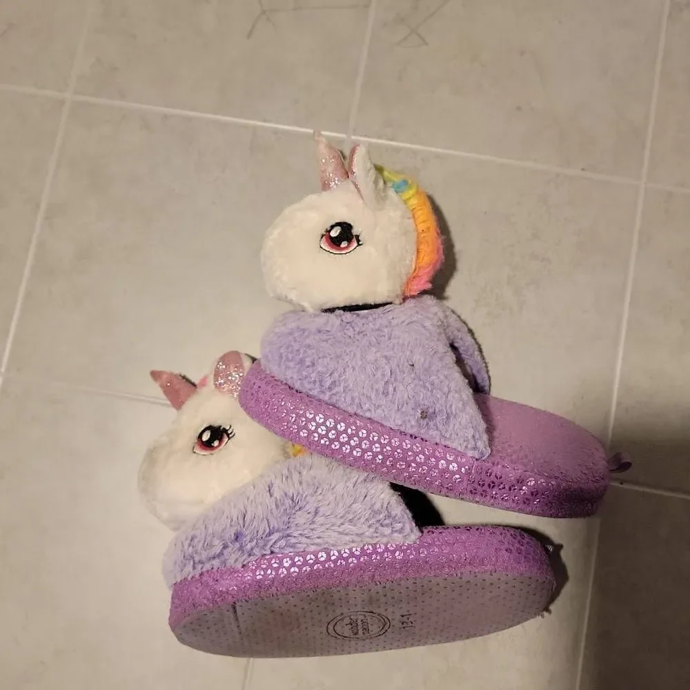 Wonder Nation Girl's Plush 3D Unicorn Purple Scuff Slip-on Slippers Size 13-1